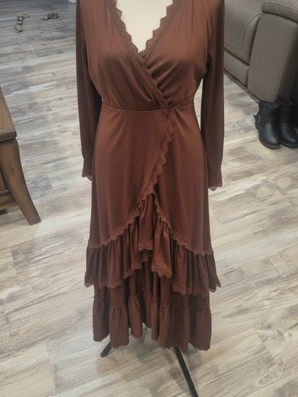 Brown Lace-Trim Tiered Wrap Dress